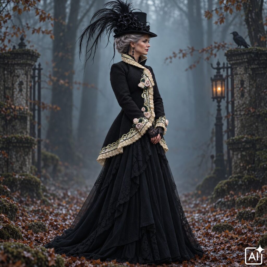 Schwarze Jacke Cilli mit Brokatborten über Kleid Fleur als aufwendiges selbst genähtes Halloween-Kostüm.