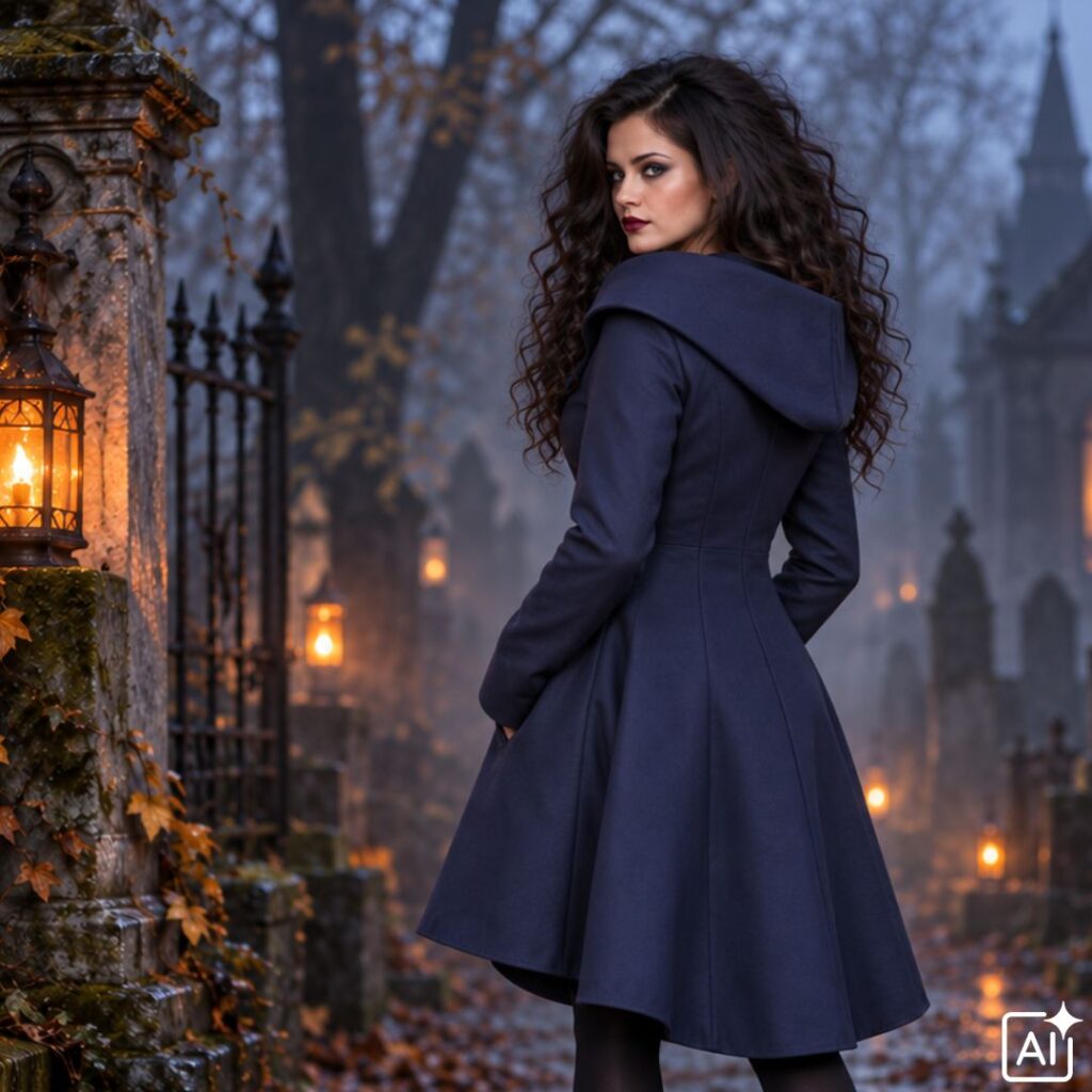 Frau im blauen Mantel Jensine auf einem Friedhof – Inspiration zum Halloween-Kostüm selber nähen.
