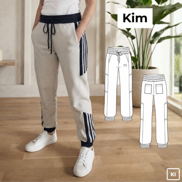 Jogginghose Kim als Schnittmuster für Damen: beigefarbene Hose mit dunklem Bund, Bindeband und gestreiften Seiteneinsätzen; daneben technische Zeichnungen von Vorder- und Rückseite.