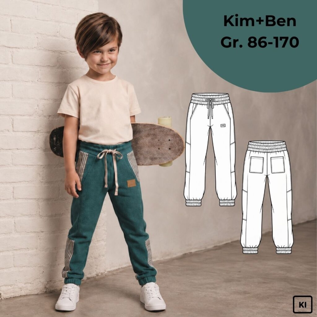 Schnittmuster Kinderhose mit Teilungsnaht Kim & Ben: Junge in grüner Jogginghose mit kontrastierenden Seiteneinsätzen, daneben technische Zeichnungen der Vorder- und Rückansicht, Größe 86–170.